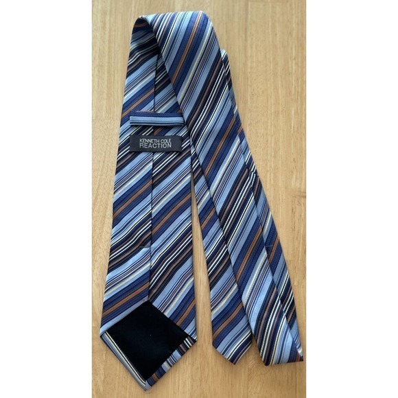Kenneth Cole Reaction Blue Tan Striped Handmade 100% Silk 3.75” Men’s Tie - Picture 3 of 4